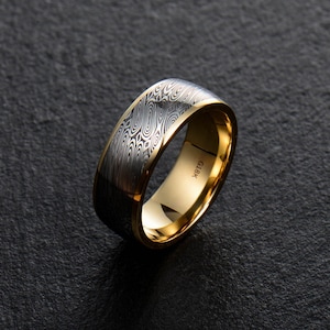Stainless Damascus Steel and 18K Yellow Gold Mens wedding band Engagement ring Commitment ring Men&#39;s ring BD205