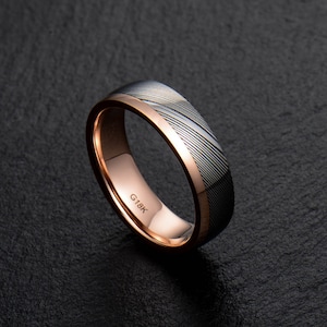 Stainless Damascus Steel and Rose Gold Mens wedding band Engagement ring Commitment ring Men's ring BD195
