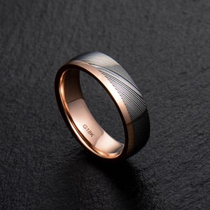 Stainless Damascus Steel and Rose Gold Mens wedding band Engagement ring Commitment ring Men&#39;s ring BD195
