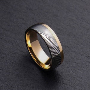Stainless Damascus Steel and 18K Yellow Gold Mens wedding band Engagement ring Commitment ring Men&#39;s ring BD185