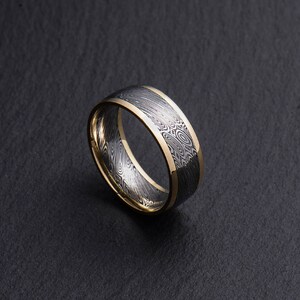 Stainless Damascus Steel and 18K Yellow Gold Mens wedding band Engagement ring Commitment ring Men&#39;s ring BD112