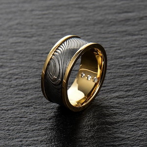 New Original Design Stainless Damascus Steel and 18K Yellow Gold With Diamond Mens wedding band Engagement ring Commitment ring BD204