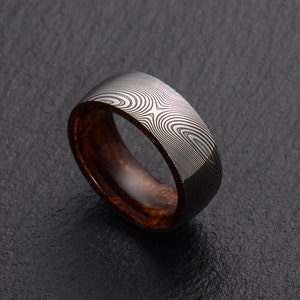 Stainless Damascus Steel and 5A Hawaiian Koa Wood Mens wedding band Engagement ring Commitment ring Men's ring BD130