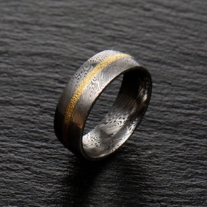 Stainless Damascus Steel and 18K Yellow Gold Mens wedding band Engagement ring Commitment ring Men&#39;s ring BD203