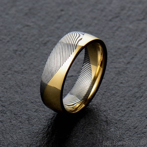 New Original Design Stainless Damascus Steel and 18K Yellow Gold Mens wedding band Engagement ring Commitment ring Men&#39;s ring BD193