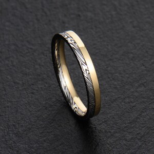 Stainless Damascus Steel and 18K Yellow Gold wedding band Engagement ring Commitment ring BD170