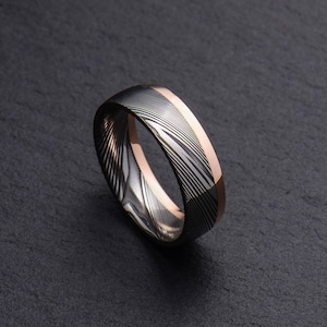 Stainless Damascus Steel and Rose Gold Mens wedding band Engagement ring Commitment ring Men&#39;s ring BD108