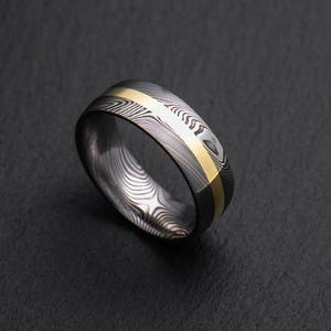 Stainless Damascus Steel and 18K Yellow Gold Mens wedding band Engagement ring Commitment ring Men&#39;s ring BD115
