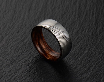 Stainless Damascus Steel and 5A Hawaiian Koa Wood Mens wedding band Engagement ring Commitment ring Men's ring BD159