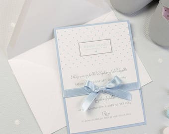 Baby Boy Polka Dot Baptism bespoke blue Invitation with Ribbon tied in a bow + Envelopes + Printing