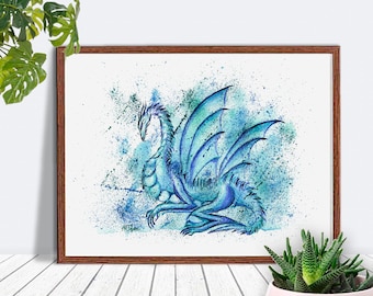 Dragon Wall Art, Blue Dragon, Dragon Painting, Dragon Poster, Printable Wall Art, Fantasy Wall Art, Instant Download, Ice Dragon