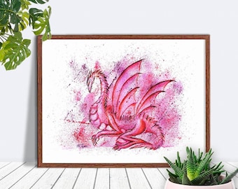 Dragon Wall Art, Dragon Painting, Purple Dragon Decor, Dragon Poster, Printable Wall Art, Fantasy Wall Art Fairy Tale Print Instant Download