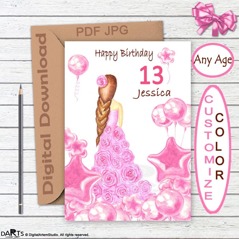 Custom 13th birthday card for girl: sister Printable PDF JPG bestie daughter Personalized card niece granddaughter Digital DOWNLOAD