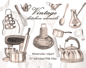 Baking clipart, Vintage kitchen items, Baker clipart, Watercolor baking supplies, Kitchen utensils PNG, Hand drawn clip art Digital Download