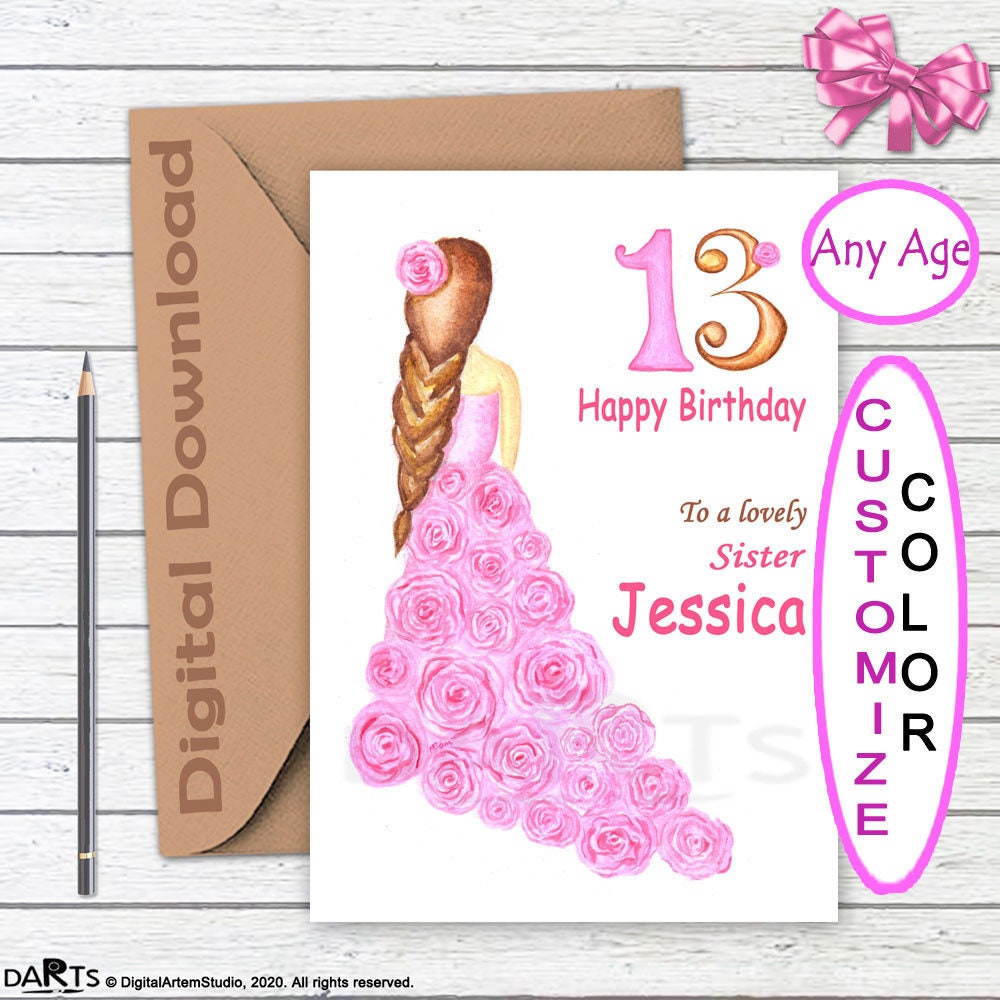 Custom 13th birthday card for girl: sister Printable PDF JPG bestie daughter Personalized card niece granddaughter Digital DOWNLOAD