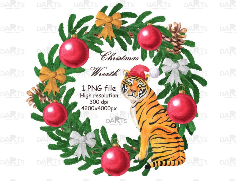 Merry Christmas 2022 Wreath Watercolor Christmas Wreath Png With Tiger New Year 2022 New | Etsy