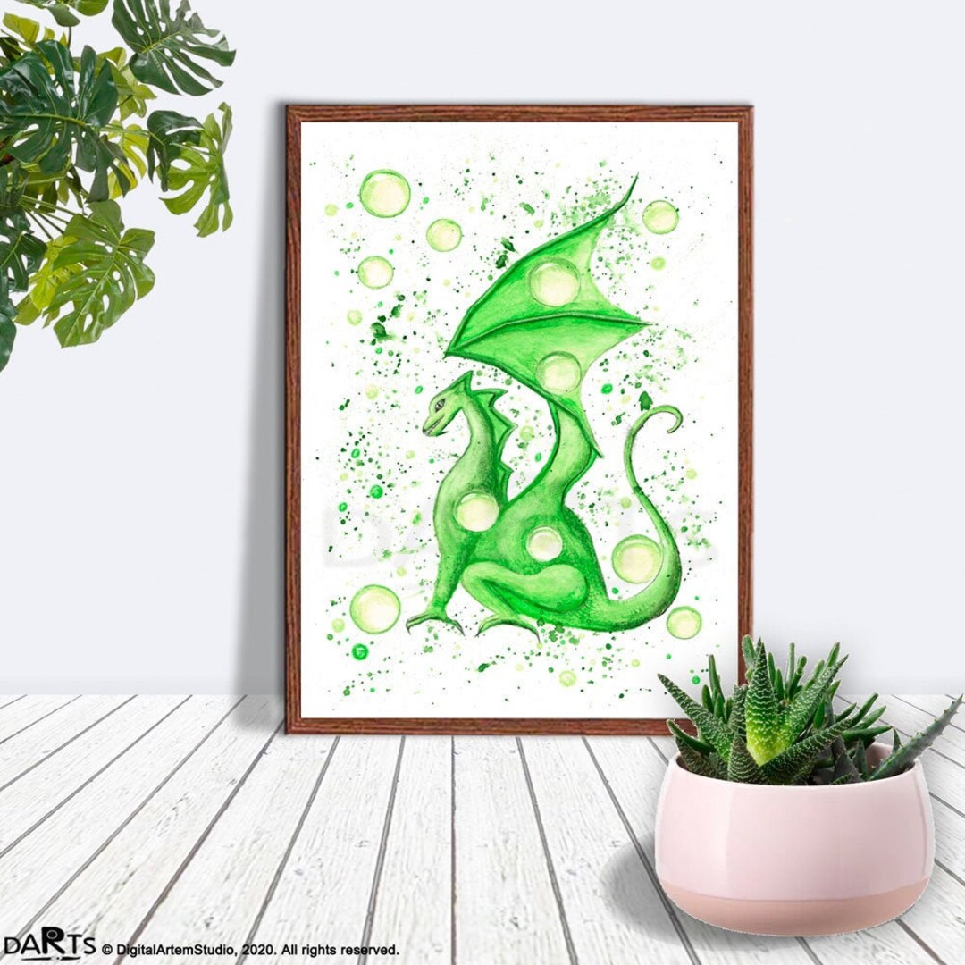 Printable Green Dragon Wall Art, Dragon Painting, Dragon Poster