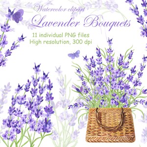 Watercolor lavender bouquets clipart, Purple flowers PNG for invitations, Provence wedding floral clipart, Digital Download