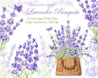 Watercolor lavender bouquets clipart, Purple flowers PNG for invitations, Provence wedding floral clipart, Digital Download