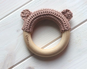 Wooden teether ring, Crochet teddy bear teether, Waldorf baby toy