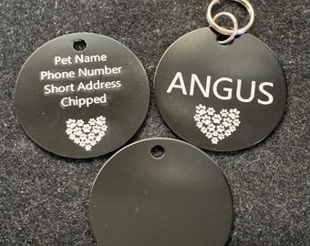 35mm Black Anodised Aluminium round Pet Tag Engraved Personalised Pet Tags ID Tags Engraved Name Collar