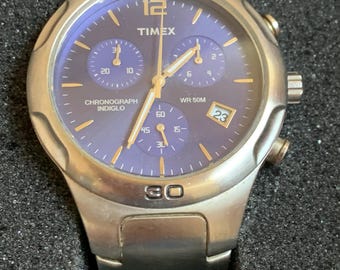 Vintage Timex Gents Chronograph Indiglo Watch Blue Dial Watch