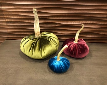 3 Velvet Pumpkins with Real Stems- Small, Medium, and Large- YOU pick the colors!