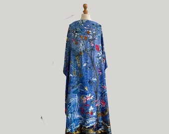 Blue Silky Tree of Life Kaftan - Comfy resort robe for summer plus size - Luxury flowing silken caftan dress - Full length beach cover up