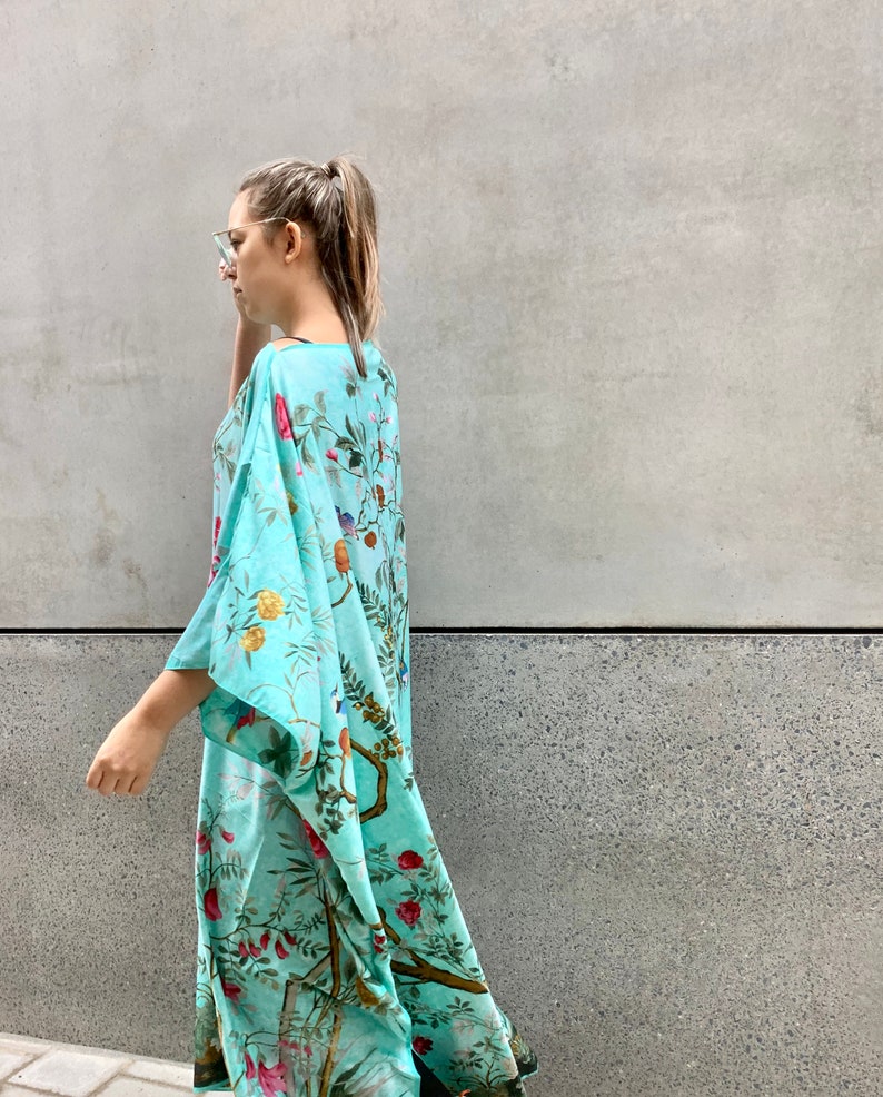 Aqua Silk Kaftan Designer print / Silk resort wear plus size dress  Luxury silk caftan  / Full length beach cover up / Womens wrap 