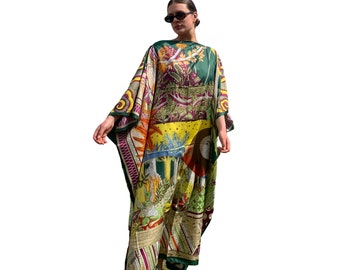 Designer print Silky kaftan | Summer kimono resort wear plus size | Luxury Silky caftan dress | Full length coverup | bold geometric print