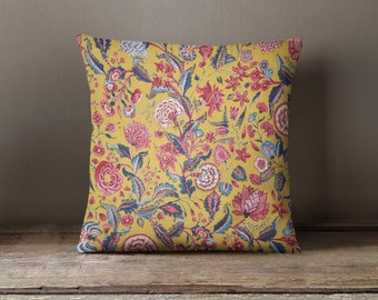 Ochre Chinz cushion // historic floral cushion // Dutch heritage accent cushion // yellow cotton chinz cushion // Historic decor