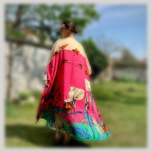 Pink Silky Kaftan  bold floral print | Wide summer robe plus size dress | Luxury flowing silken caftan | Lounge robe or beach cover up |