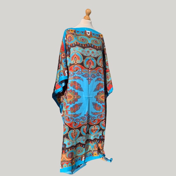 Twill bleu Caftan soyeux | Vêtements de villégiature soyeux | Caftan soyeux grande taille | Robe d'été pleine longueur | Wrap kimono long femme