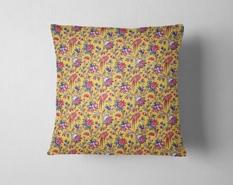 Chinz cushion Birds of Paradise // ochre yellow floral cushion // Dutch heritage accent cushion // cotton chinz cushion // Historic decor