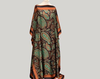 Brown Green Paisley Silk Kaftan / Luxurious kimono style resort dress plus size /  Silken flow caftan dress turquoise brown print