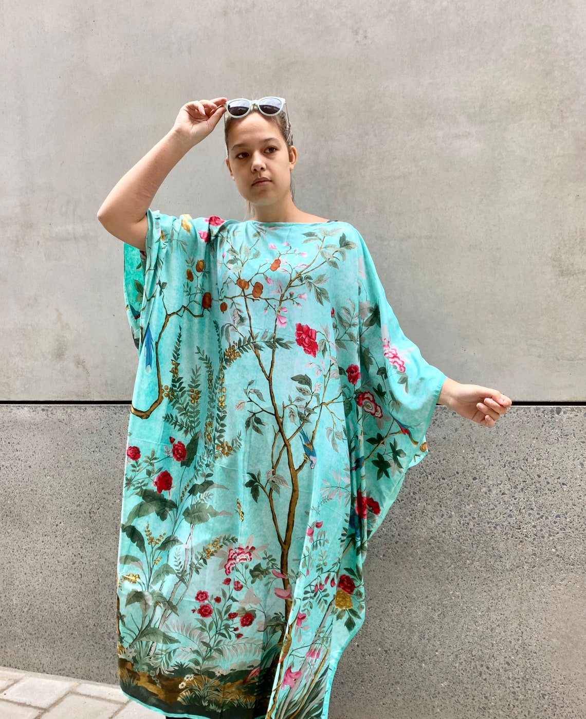 Hand Draped Printed Silk Satin Kaftan in Aqua main image 0