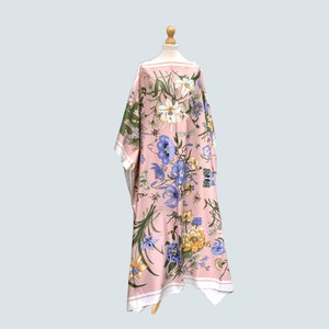 Floral print silk kaftan / silk resort wear / plus size silk caftan / Full length beach cover  / Womens long silk dress Soft PINK