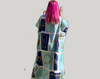Blue wide summer kaftan dress | Silky lounge or resort robe | plus size flowing silky lounge robe | Beach cover up | Womens long kaftan XL