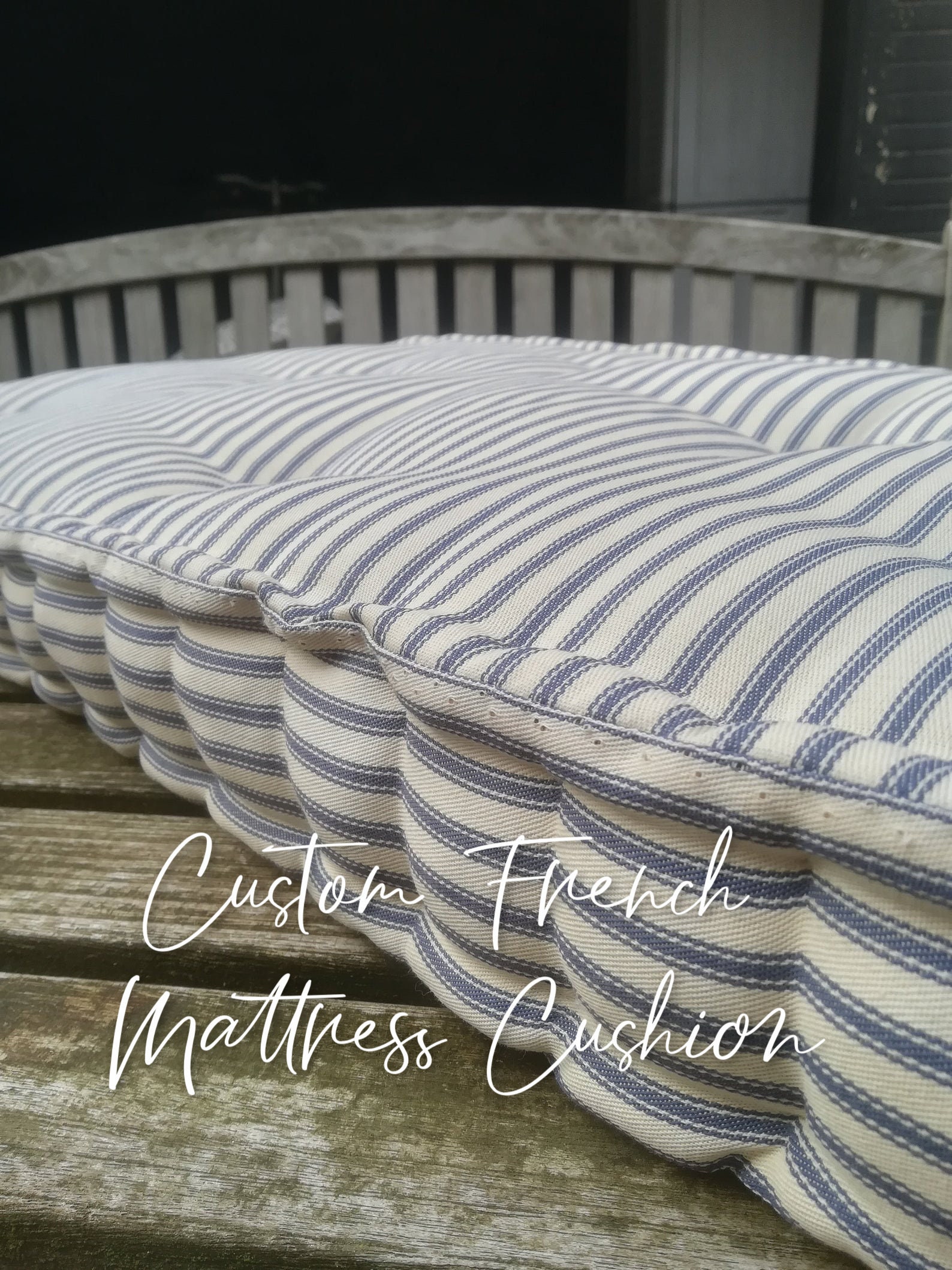 Grateful Home — Custom Bench or Window Seat Cushion, in Black Ticking  Stripe Fabric, with French Mattress Edging