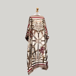 Designer print silky kaftan | Brown red silky resort robe | plus size silk caftan dress | Full length beach cover up | Women long silk dress