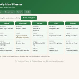Matplanerare | Veckovis matplan med automatisk inköpslista och 32 recept | Offline-app, ingen prenumeration