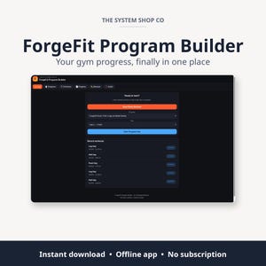 May include: A digital ForgeFit Program Builder interface displayed on a screen. The dashboard features a dark theme with navigation tabs, a workout selection menu, and a list of recent workouts. Text includes The System Shop Co and ForgeFit Program Builder.