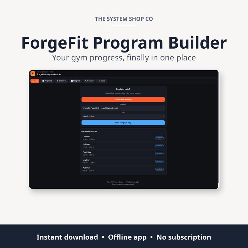以下が含まれることがあります： 画面に表示されたデジタルForgeFit Program Builderインターフェース。ダッシュボードはダークテーマで、ナビゲーションタブ、ワークアウト選択メニュー、最近のワークアウトリストを備えています。テキストにはThe System Shop CoとForgeFit Program Builderが含まれています。