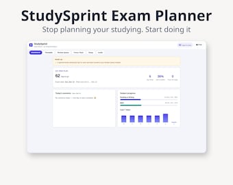 以下が含まれることがあります： StudySprint Exam Plannerのデジタルダッシュボードインターフェースは、ダークブルーと白の配色です。SAT準備プランの残り62日、リーディング、ライティング、数学の進捗バー、および過去7日間の棒グラフが表示されています。
