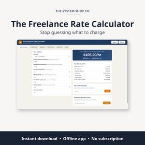 May include: A digital interface titled The Freelance Rate Calculator by The System Shop Co. The screen displays input fields for currency, annual income, expenses, and tax rates, alongside a summary box showing a minimum hourly rate of $105.20.