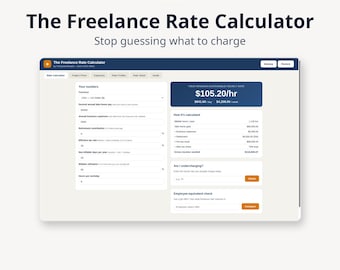 以下が含まれることがあります： The System Shop Co.による「The Freelance Rate Calculator」というタイトルのデジタルインターフェース。画面には通貨、年収、経費、税率の入力フィールドが表示され、最低時給105.20ドルの計算結果が示されています。