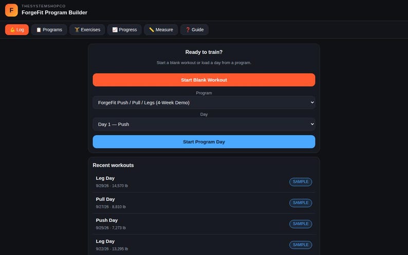以下が含まれることがあります： ForgeFit Program Builderのインターフェースは、Log、Programs、Exercises、Progress、Measure、Guideのナビゲーションタブを備えたダークテーマのダッシュボードを表示しています。Start Blank WorkoutボタンとStart Program Dayボタンが含まれています。
