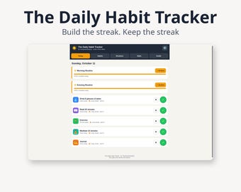 以下が含まれることがあります： The System Shop Co.によるデジタル習慣トラッカー「The Daily Habit Tracker」のインターフェース。画面にはToday、Habits、Routines、Stats、Guideのタブがあるダッシュボードが表示され、朝と夜のルーチンの進捗バーが含まれています。