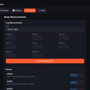 以下が含まれることがあります： ForgeFit Program Builderのデジタルインターフェースで、身体測定ログが表示されています。画面には体重、胸囲、ウエスト、ヒップ、腕、太もも、首、体脂肪率の入力フィールドと、測定値を保存するためのボタンが配置されています。