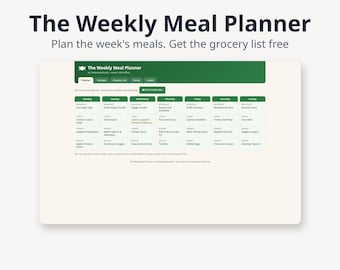 以下が含まれることがあります： The System Shop Co.によるデジタル食事プランナーインターフェース「The Weekly Meal Planner」。緑色のヘッダーにはPlanner、Recipes、Grocery List、Pantry、Guideのタブがあり、曜日ごとに食事を整理するグリッドが表示されています。